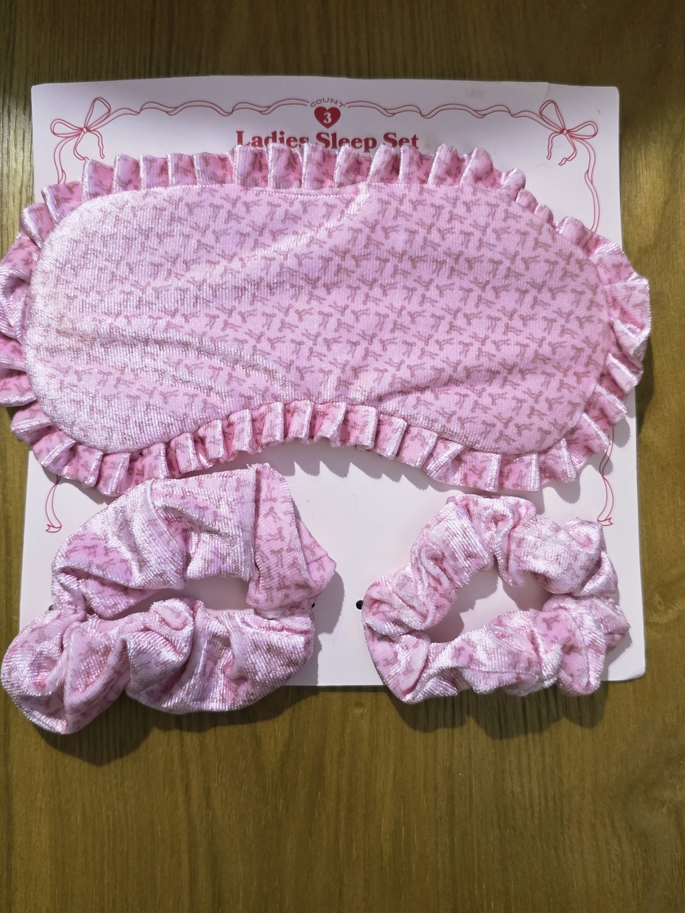 Target Ladies Sleep Set - Pink Velvet Ruffled Eye Mask & 2 Scrunchies Set